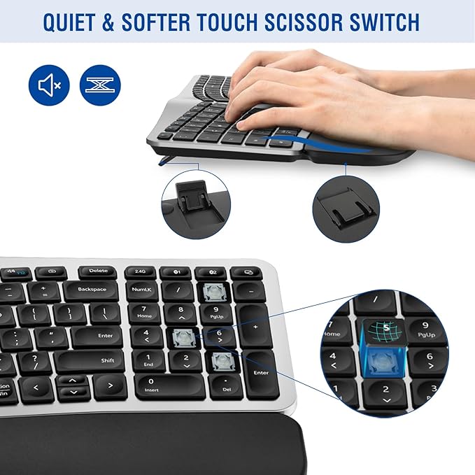 MK960 Ergo Wireless Keyboard Mouse Combo, Bluetooth/2.4G Split Design Keyboard with Palm Rest and 4 Level DPI Adjustable Wireless Mouse, Multi-Device, Rechargeable, for Windows/Mac/Android(Silver)