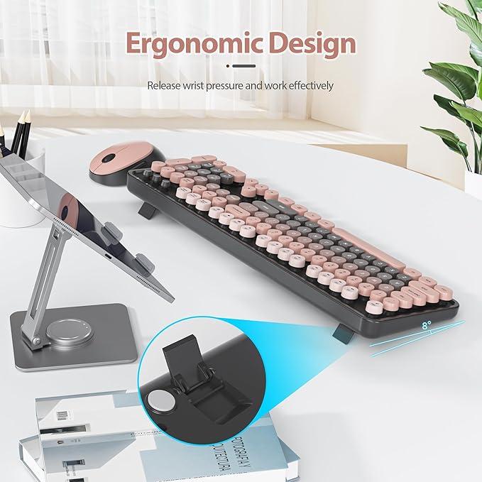 Colorful Pink Keyboard and Mouse Combo Wireless, 2.4G Full Size 104-Key Retro Typewriter Keyboards Round Keys for Students Teenagers Home Office PC Laptop(Heimei)