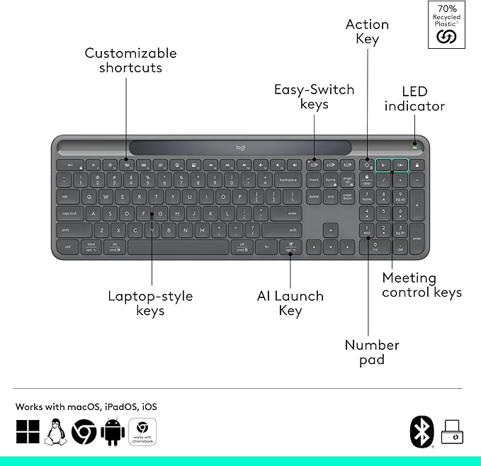 Logitech Signature Slim Solar+ Wireless Bluetooth Keyboard K980 for Business, Quiet Typing, Secure Receiver, Windows, Mac - Graphite