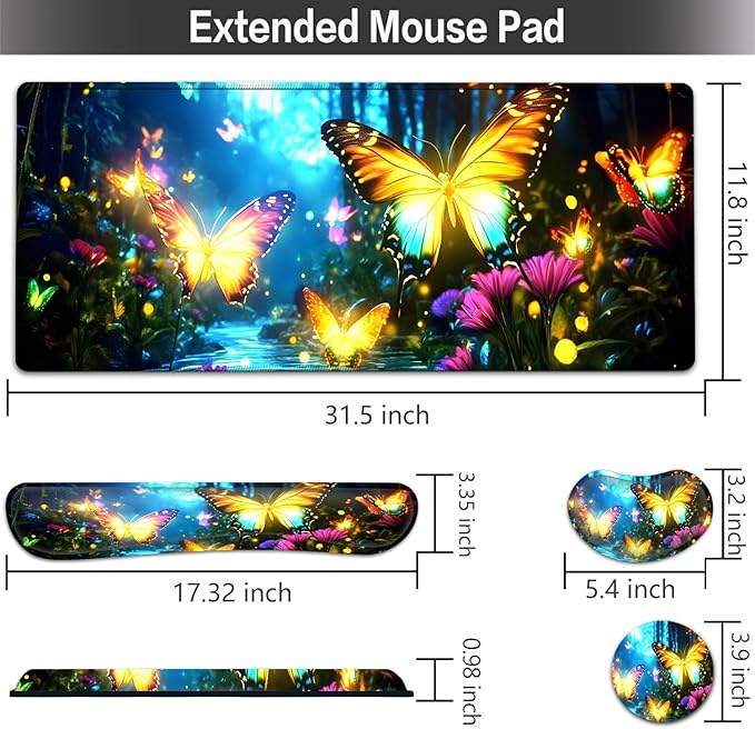 Large Mouse pad and Keyboard Support Set, Ergonomic Memory Foam Keyboard Wrist Rest, Extended Gaming Mouse Pad with Stitched Edges, Neon Butterfly XXL Desk Mat (31.5 X 11.8 in)