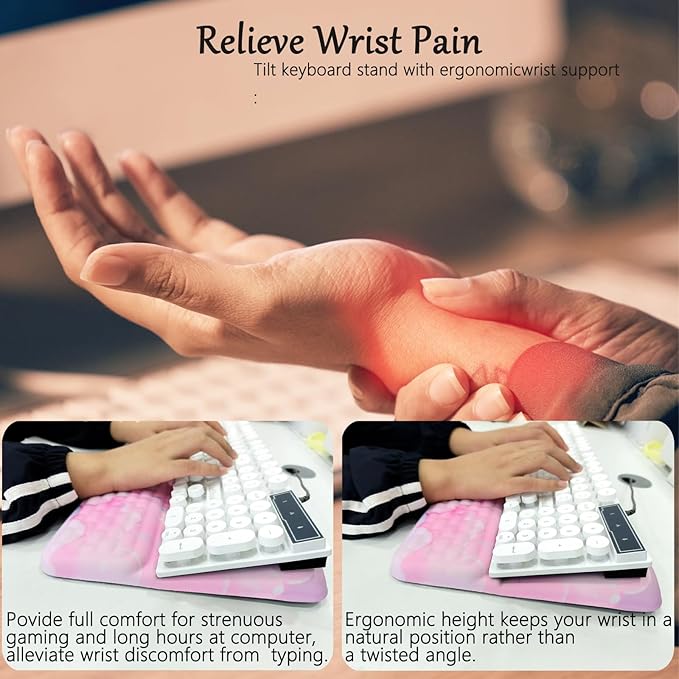 Computer Keyboard Stand Pad with Wrist Rest Pink Cloud Keyboard Pad Support with Comfortable Moon Galaxy Stars Wrist Pad Cute Girl Ergonomic Tilted Keyboard Riser Holder for Desktop Office Home