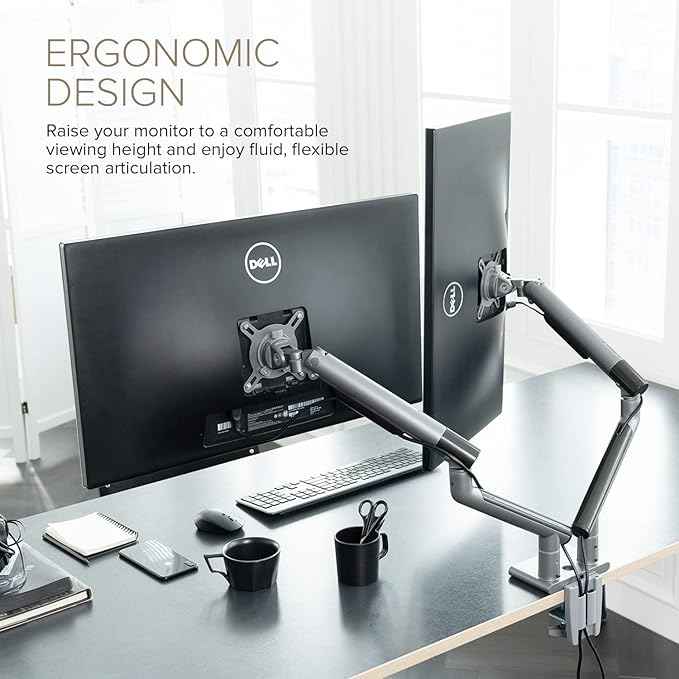 POUT E12 Dual Monitor Arm Mount Stand – Adjustable Full Motion Desk Mount for 17’’-32’’ Screens, Supports 4-22lbs per Arm, VESA 75x75mm & 100x100mm (Grey/Black)