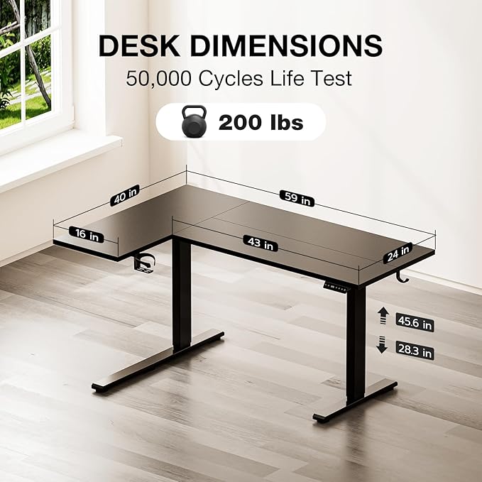 Muvai L Shaped Standing Desk with Cable Management Tray, 59 Inch Height Adjustable Electric Standing Corner Desk, Sit Stand Up Work Table for Home Office, Gaming with Reversible Splice Board, Black