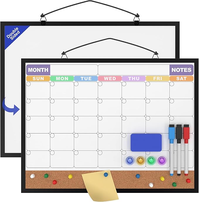 Monthly Calendar Dry Erase Board 16x12 Inch, Double-Sided Whiteboard and Corkboard Combo with Black Aluminum Frame (Color Calendar), Wall Mounted Organizer with Markers, Magnets, Push Pins, Eraser