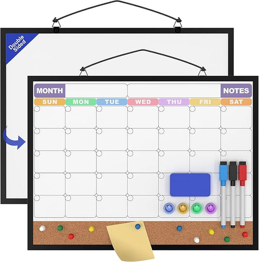 Monthly Calendar Dry Erase Board 16x12 Inch, Double-Sided Whiteboard and Corkboard Combo with Black Aluminum Frame (Color Calendar), Wall Mounted Organizer with Markers, Magnets, Push Pins, Eraser
