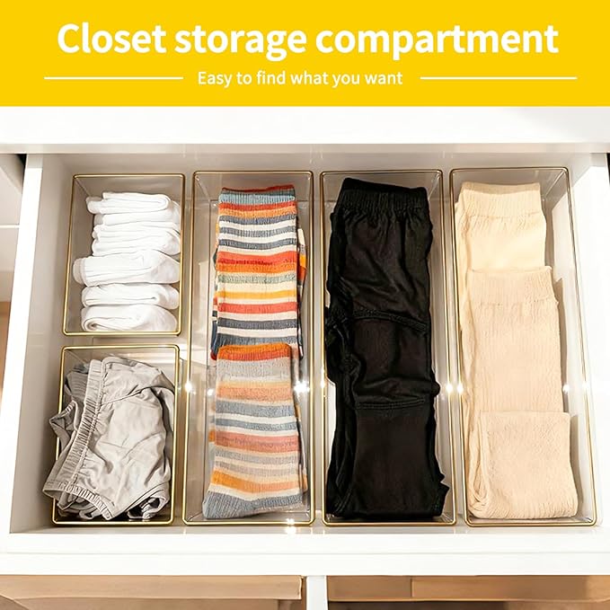 12 Pack Large Size Clear Stackable Drawer Organizer Trays, Gold Rim Makeup Drawer Storage Tray Divider, Desk Storage for Makeup, Jewelry, Bathroom, Stationary, Kitchen Utensils and Office Desk