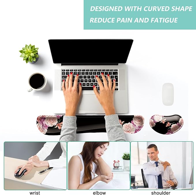 Keyboard Wrist Rest Mouse Wrist Support Set, Memory Foam Wrist Rest Pad for Computer Laptop Keyboard Mouse, Ergonomic Wrist Cushion Support for Typing Pain Relief, Gaming Home Office, Flowers Pink