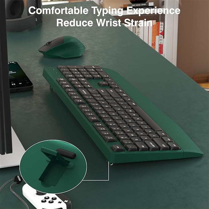 Wireless Keyboard and Mouse Combo, Full-Sized 104 Keys 2.4GHz Wireless Keyboard with Palm Rest and Wireless Mouse for Windows, Mac OS PC/Computer/Laptops/Desktops(Green)