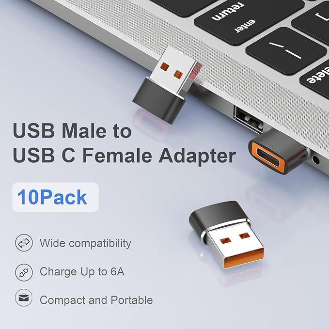 10pack USB to USB C Adapter, USB C Female to USB Male Adapter, Fast Charging & Data Transfer for iPhone17 16 15 Plus Pro Max, iPad Air Mini 6 7, Samsung Galaxy S25-S22, iPad Air, Pixel
