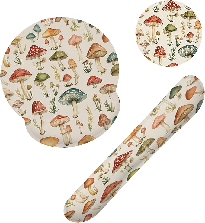 Retro Mushrooms Ergonomic Wrist Support Keyboard Mouse Wrist Rest Set, Computer Office Comfortable Wrist Rest for Mouse Easy Typing