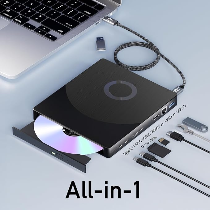 8 in 1 External Blueray/DVD Drive for PC, External CD/DVD Drive for Laptop Support 100G Disc 3D, Bluray Burner with HDMI/LAN/USB 3.0/Type-C/SD/TF Port, Blu-ray Player for Windows XP/7/8/10/11 MacOS