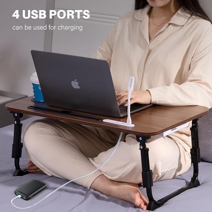 Laptop Desk for Bed, Height Adjustable Laptop Bed Table, Foldable Portable Lap Desk Stand with USB/Storage Drawer/Cup Holder/Slot, Breakfast Tray for Working Reading Writing Eating