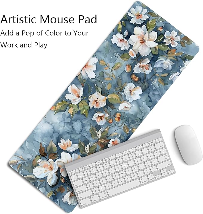 Navy Blue Vintage Watercolor Flowers Mouse Pad,Aesthetic Summer Flower Desk Mat,Spring White Wildflowers Mouse Pad,Elegant Botanical Mousepad for Home Office Dorm Desktop Decor,31.5x11.8 Inch