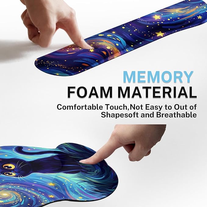 Arttown Cat Star Celestial Desk Mat Galaxy Whimsical Mouse Pad Set 4 in 1 Ergonomic Design Large Mouse Pad + Keyboard Wrist Rest + Mouse Wrist Rest + Coaster Suitable for Home Office Study Game