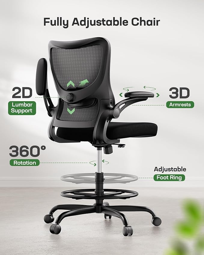 Marsail Drafting Chair, Tall Office Chair with 2D Lumbar Support, Standing Desk Chair with Padded Flip-Up Armrests & Adjustable Footrest Ring, Black