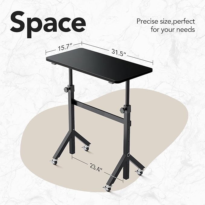 HUANUO 32'' Small Standing Desk with Wheels,28.7"-46.1" Heigh Adjustable Portable Rolling Desks,Mobile Stand Up Desk for Walking Pad and Treadmill,Sit to Stand Computer Workstation for Bedroom,Black
