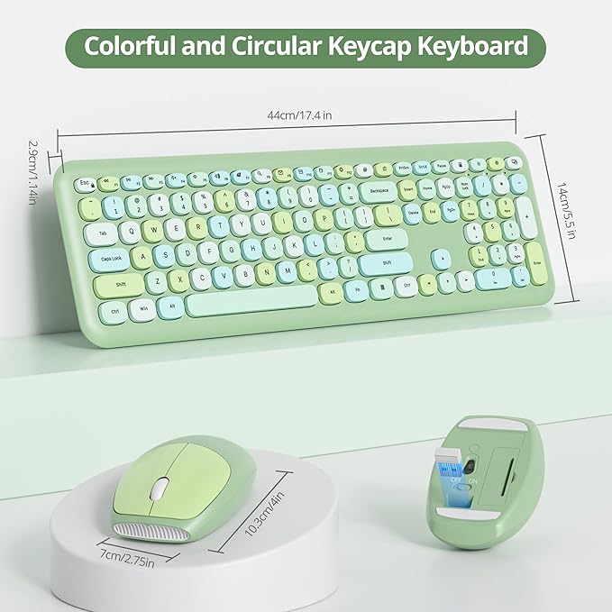 Surmen Cute Colorful Green Keyboard and Mouse Wireless Silent, Full-Size Retro Typewriter Wireless Quiet Slim Keyboard Low-Noise 2.4GHz for Computer, Desktop, Laptop(Sage Green)