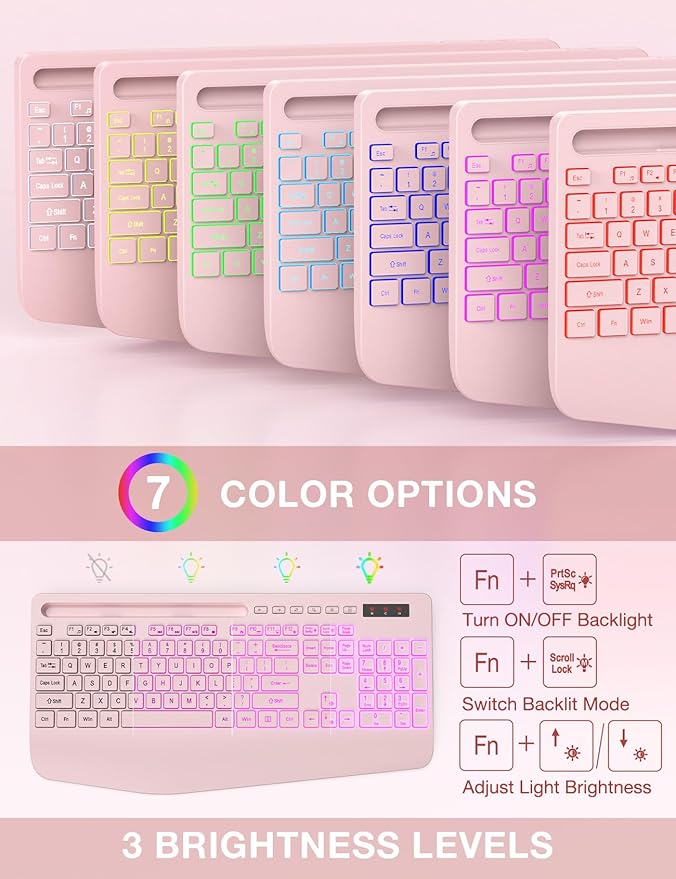 Wireless Keyboard and Mouse Combo, 9 Backlit Effects, Wrist Rest, Phone Holder, 2.4G Lag-Free Ergonomic Keyboards, KM22 MAX Rechargeable Silent Set for Computer, Laptop, Mac, Windows -SABLUTE（Pink）