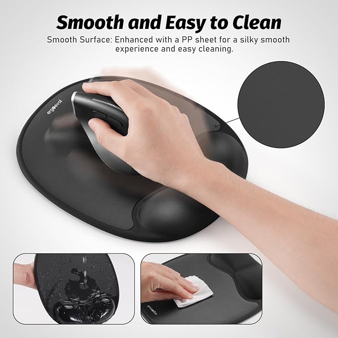 Ergonomic Mouse Pad with Skin-Friendly Lycra Memory Foam Wrist Rest, Easy-to-Clean Smooth PP Surface, and Non-Slip PU Base – Ideal for Vertical, Ergonomic, and Office Mice (Jet Black)