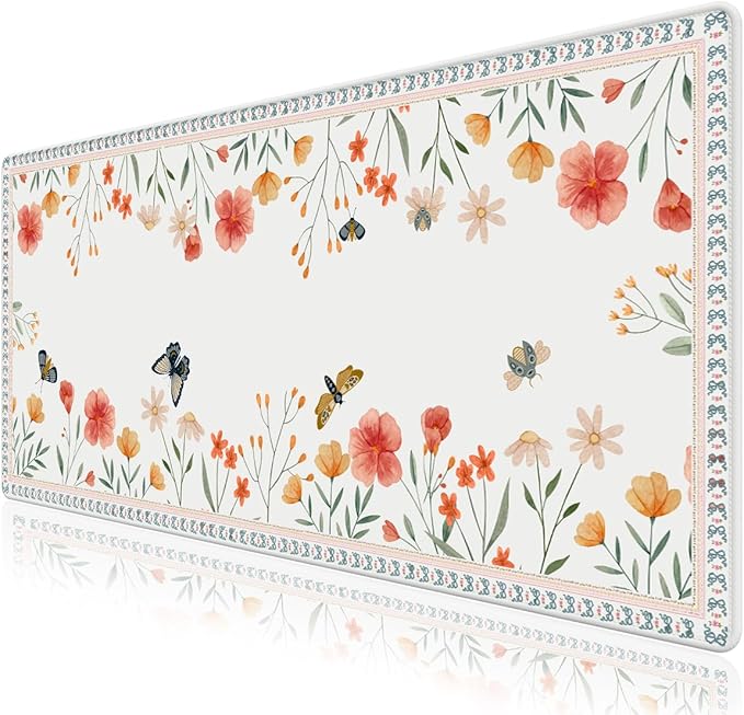 Desk Pad for Keyboard and Mouse, Large Mouse Pad for Desk, Non-Slip Keyboard Mat, Computer Mats for Desk, Cute Desk Pad with Stitched Edges for Office, Gaming I Apricot Butterflies Flowers