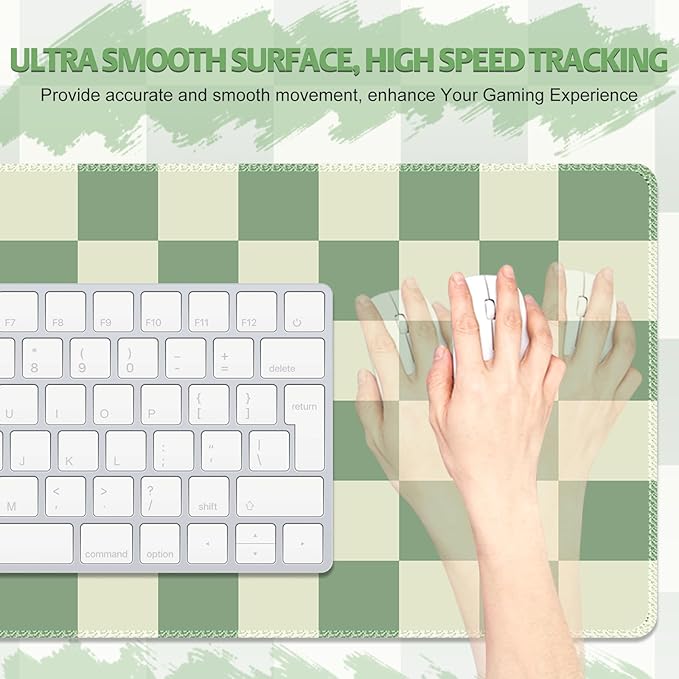 Desk Mat for Keyboard and Mouse, Large Mouse Pad Non-Slip Keyboard Pad, Computer Mats for Desktop, Cute Check Desk Pad with Stitched Edges for Office, Gaming I Sage Green Grid