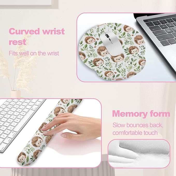 Cute Hedgehog Mouse Pad with Wrist Rest Set, 3-in-1 Wrist Support Mousepad Set, Gaming Mat Pad with Anti-Skid Base,Ergonomic Memory Foam Mouse Pad Set for Women, Office, Typing, Gaming