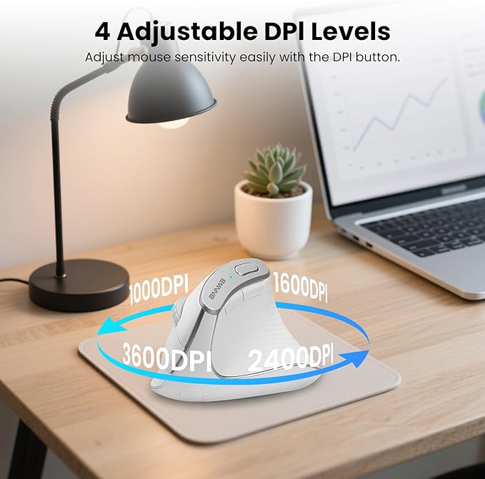 Wireless Vertical Ergonomic Mouse, Multi-Device(Bluetooth + 2.4G Connection), 4 Adjustable DPI, 7 Buttons Computer Mouse for PC, Laptop, Desktop, MacBook - White