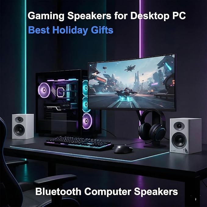 3-Inch Bluetooth 5.3 Computer Speakers for PC, Max 60W RMS Rich Stereo Sound with Good Bass & Clear Highs, Stable Aux/RCA Inputs, for Gaming, Home Office, Studio, White Pair