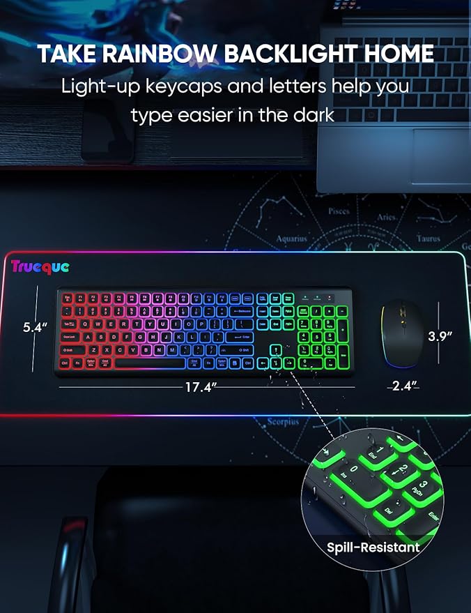Wireless Keyboard and Mouse Combo, RGB Backlit, Rechargeable & Light Up Letters, Full-Size, Soft Typing, Sleep Mode, 2.4GHz Quiet Keyboard Set for Mac, Windows, Laptop, PC, Trueque KM42Pro (Black)