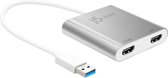 j5create USB to HDMI Adapter - Dual HDMI USB 3.0 Multi-Monitor Cable | 4K + 1080p | Compatible with Windows and macOS (JUA365)