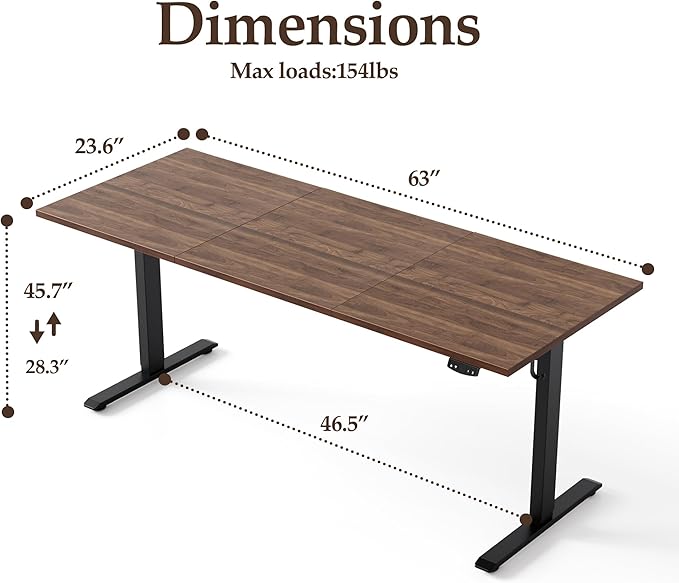 Klicelor 63 Inch Large Electric Standing Desk, Height Adjustable Office Desk, Sit Stand Up Computer Gaming Desk with Memory Preset, Three-Piece Desktop, Dark Walnut