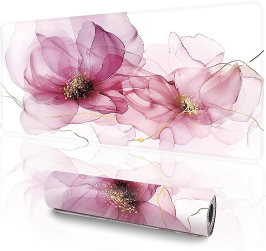 Pink Alcohol Ink Desk Mat (31.5 x 11.8 Inch), Large Abstract Floral Mouse Pad with Gold Accents, Elegant Magenta Fluid Art Design, Non-Slip Laptop Base, Modern Office Decor