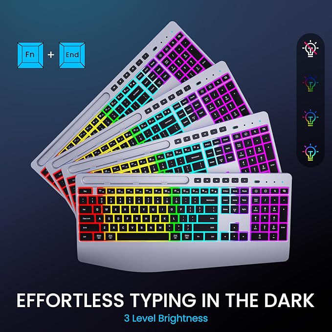 Silver Wireless Keyboard and Mouse Combo - Dual System RGB Backlit Mouse and Keyboard Advanced Optical Tracking, Lag-Free Wireless,Ergonomic Keyboard, 90% Less Noise Silver-V1