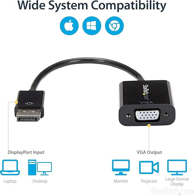 StarTech.com DisplayPort to VGA Adapter - Active DP to VGA Converter - 1080p Video - DP/DP++ Source to VGA Monitor Cable Adapter - DP to VGA Adapter Dongle Digital to Analog - DP 1.2 to VGA (DP2VGA3)