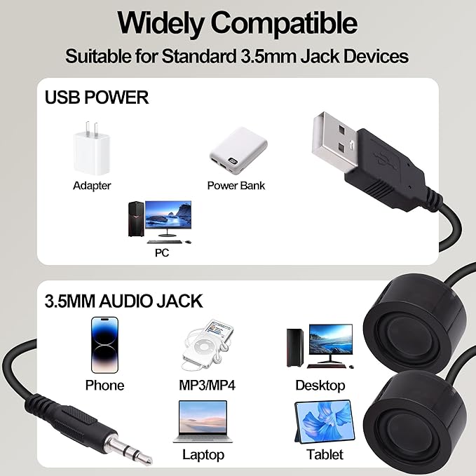 USB Mini Computer Speakers for Desktop Laptop Small PC Speakers USB-Powered 3.5mm TRS Stereo Jack with Volume Control Adjustment for MP3 Phone-1.2M/3.9FT