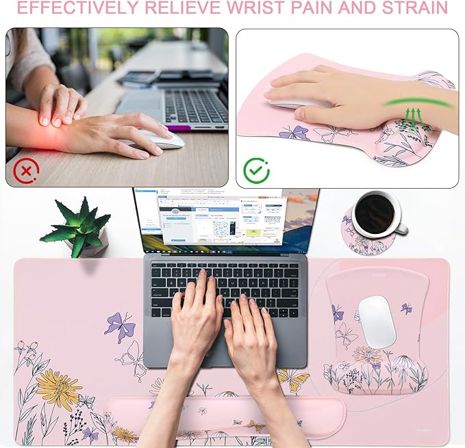 MEGREZ 4-in-1 Ergonomic Memory Foam Wrist Rest Set, Desk Pad, Mouse Pad with Wrist Rest, Keyboard Pad, Suitable for Office Workers, Programmers & Gamers–Relieve Typing & Gaming Fatigue, Light Pink