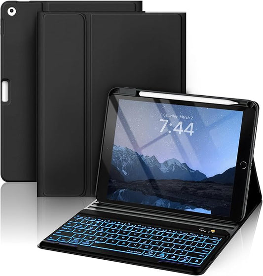OYEEICE Keyboard case for iPad 9.7 inch, iPad 6th Gen (2018), iPad 5th Gen (2017), iPad Air 2 (2014) - 7 Color Backlit Wireless Keyboard with Pencil Holder for iPad 6th/5th Pro 9.7'' Air 2/1 - Black