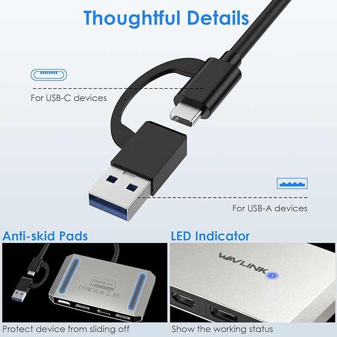 WAVLINK USB C or USB 3.0 to Dual HDMI/DisplayPort Adapter, Displaylink Monitor Splitter Extended Display for Dual Monitor 4K@60Hz, HDMI/DP Splitter Compatible with Mac M1-M5/Neo,Window Laptop-Silver