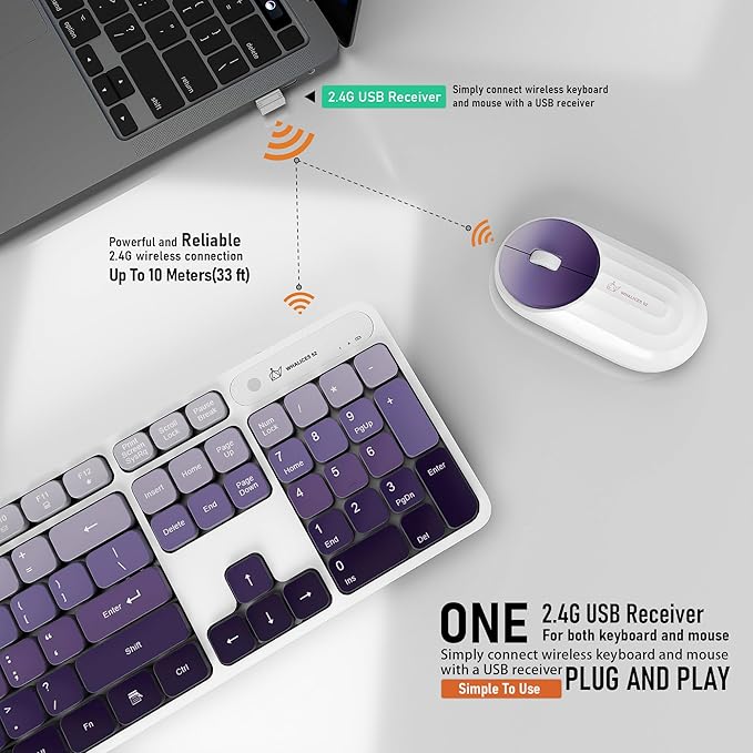 Wireless Keyboard and Mouse Combo - 2.4G Wireless, Rechargeable, Low-Noise, Cute Colorful, Full-Sized, 3 DPI Adjustable Mouse, for Computer, Laptop, PC, Desktop (Gradient Purple)
