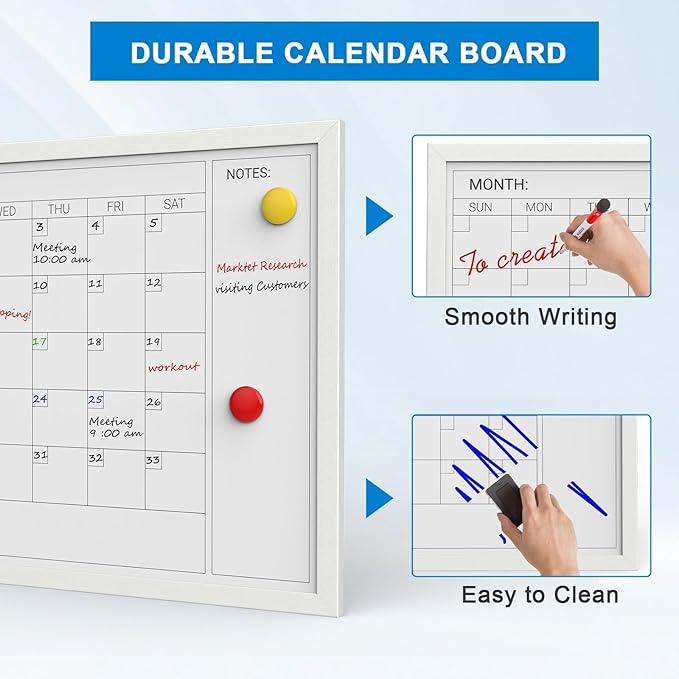 Comix Dry Erase Calendar for Wall, Magnetic Calendar Whiteboard with White Wood Frame, 24 * 18 inches Decorative Planner Board for Office, Kitchen, School, Home