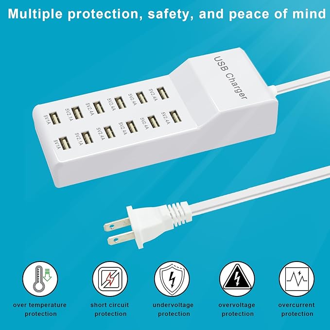 100W USB Charger Station Block Multiport Charger Hub with Fast Charging Wall Charger for Multiple Devices USB Charging Port Compatible with Cell iPhone Android Smartphone Smart Watch