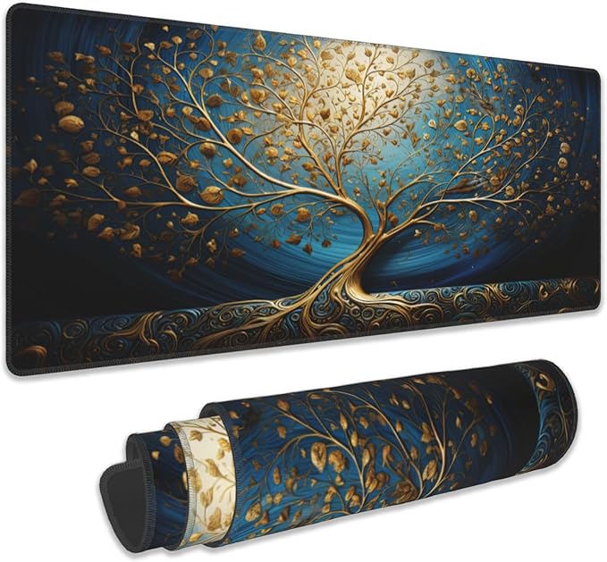 Desk Mat, Blue Golden Tree and Waves Extended Gaming Mouse Pad Large, 31.5"x15.7" 3D Modern Art Landscape Mouse Pad with Non-Slip Base and Stitched Edge,Computer Keyboard Mouse Mat for Home Office