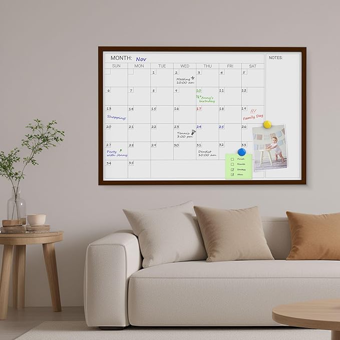 Comix Dry Erase Calendar Whiteboard for Wall, Magnetic Dry Erase White Calendar Board with Brown Wood Frame, 36 * 24 inches Decorative Planner Board for Office, Kitchen, School, Home