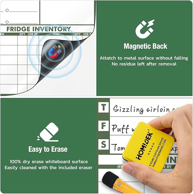 Magnetic Meal Planner Menu Board: Reusable Dry Erase Family Planning Board with Grocery List & Fridge Freezer Inventory List for Refrigerator, Dry Erase Markers and Eraser Included - 14x11 Inches