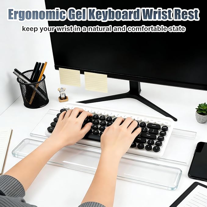 Acrylic Computer Keyboard Stand with Gel Wrist Rest Set,Ergonomic Keyboard Riser for Desk Easy Typing with Gel Keyboard Pad, Anti-Slip Comfort Keyboard Wrist Pad Relief Pain (Clear)