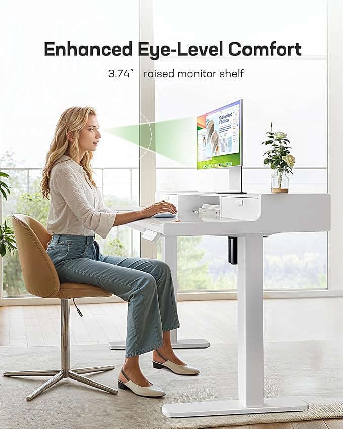 Marsail 48x24 inch Glass Standing Desk with Drawers, Computer Desk with Monitor Stand, Home Office Adjustable Table with Drawers, 4 Preset Heights, Stand up Table for Home, Office, White
