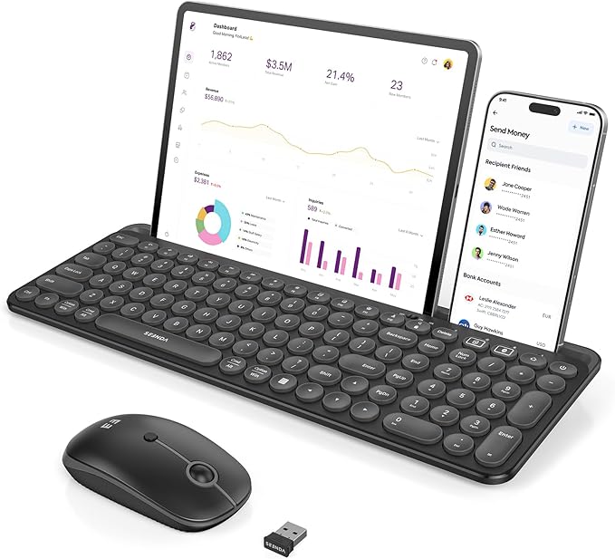 seenda Bluetooth Keyboard and Mouse for iPad, CTU-301 Wireless Multi-Device Connection Bluetooth+2.4G Keyboard Mouse Combo with Tablet Holder for iPad/MacBook/Windows, iOS/Andriod/Phone, Black