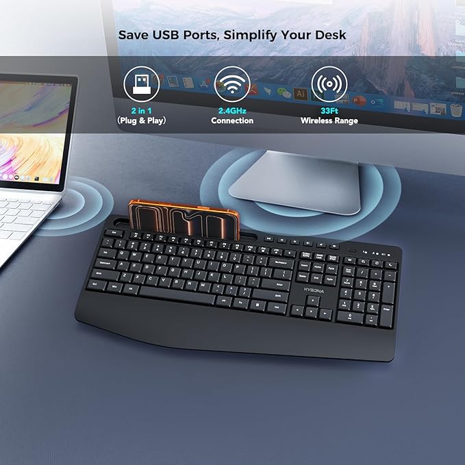 KYSONA 5th Gen Wireless Keyboard, 2.4G Full-Sized Cordless Ergonomic Keyboard with Wrist Rest, Phone ipad Holder, Adjustable Angle, Compatible with Laptop/PC/Mac/Windows, Black