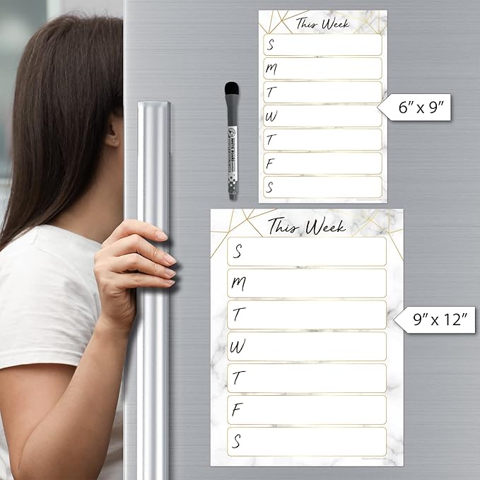 Dry Erase Weekly Calendar Planner Sticker Decal | Removable & Reusable | Magnetic Fine-Tip Marker Included (6 x 9 inches, Marble)