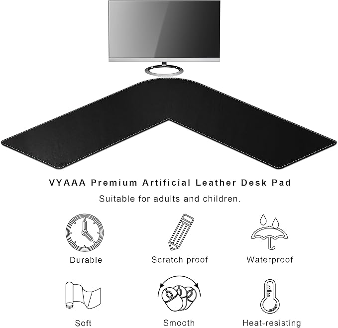 Vyaaa Corner Desk Mat, (39.4"+ 39.4") x 13" PU Leather L Shaped Desk Mat, Reversible L Shaped Corner Desk Pad, XL Gaming Mouse Pad for Computer, Gaming, Writing, Home and Office(Black)